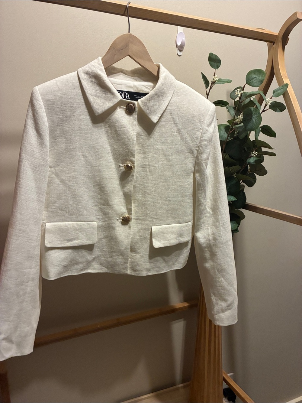 Zara 100% Cotton Cream Cropped Blazer with Gold Buttons